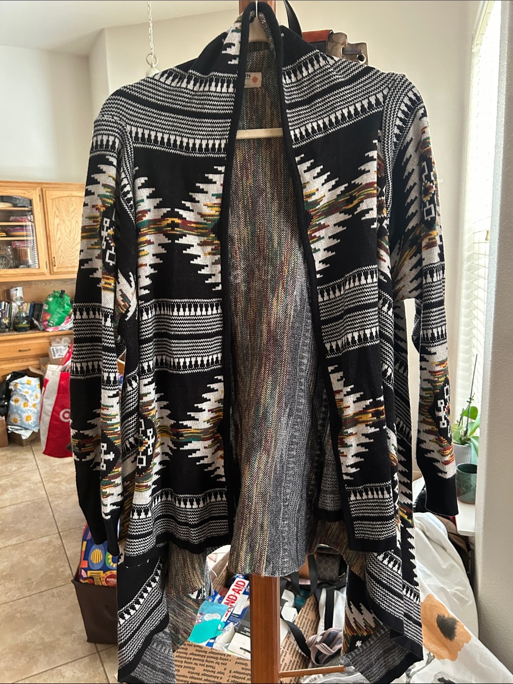 Ruff Hewn Black & White Aztec Open-Front Knit Cardigan with Multicolor VGUC